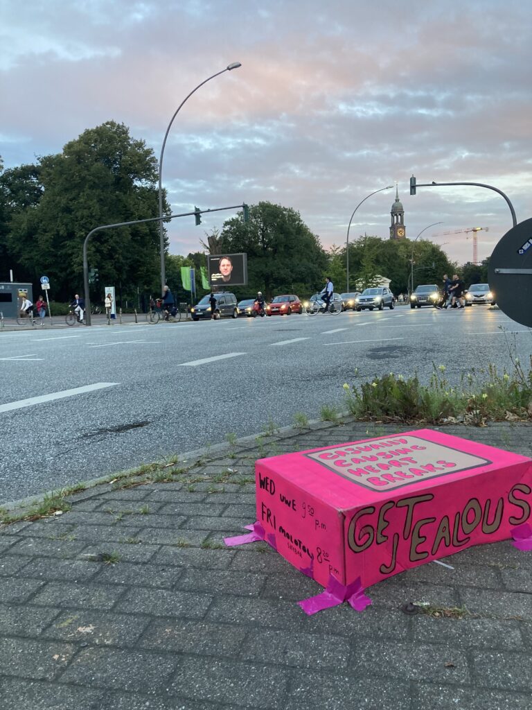Pink angemalte Box auf einer Verkehrsinsel
