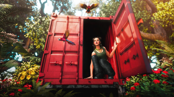 Die animierte Nina Chuba aus „Fortnite“ steigt aus einem Container auf einer tropischen Insel.